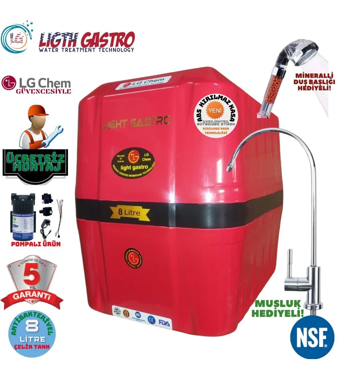 light gastro Premium 8 lt İyon Tatlandırıcılı POMPALI Su Arıtma Cihazı