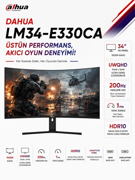 LM34-E330CA 34″ 200Hz 1ms HDMI DP Adaptive Sync HDR10 WQHD VA Curved Monitör