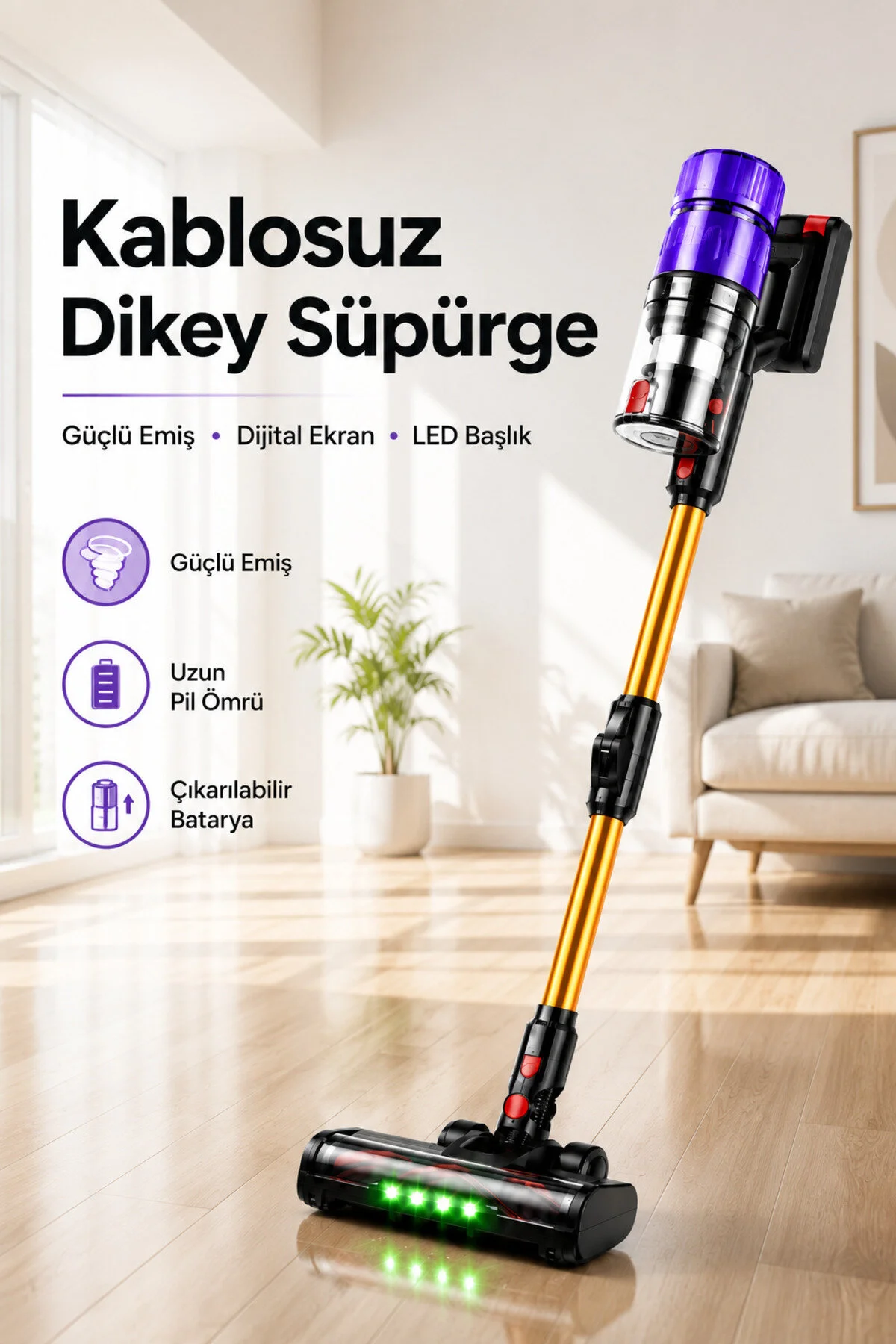 MO DOU Kablosuz Dikey Süpürge Şarjlı BLDC Motor LED Işıklı Başlık