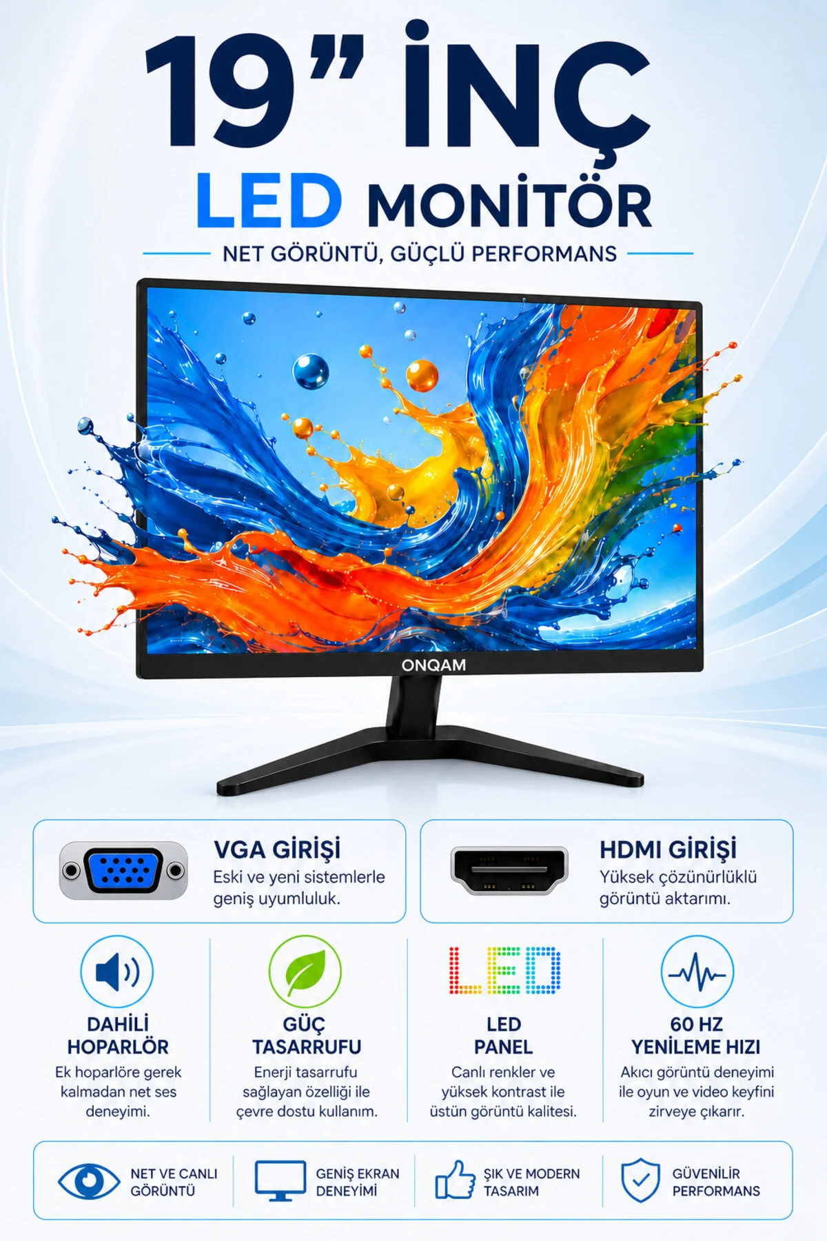 ONQAM 19” 60 HZ Dahili Hoparlörlü Led Monitör