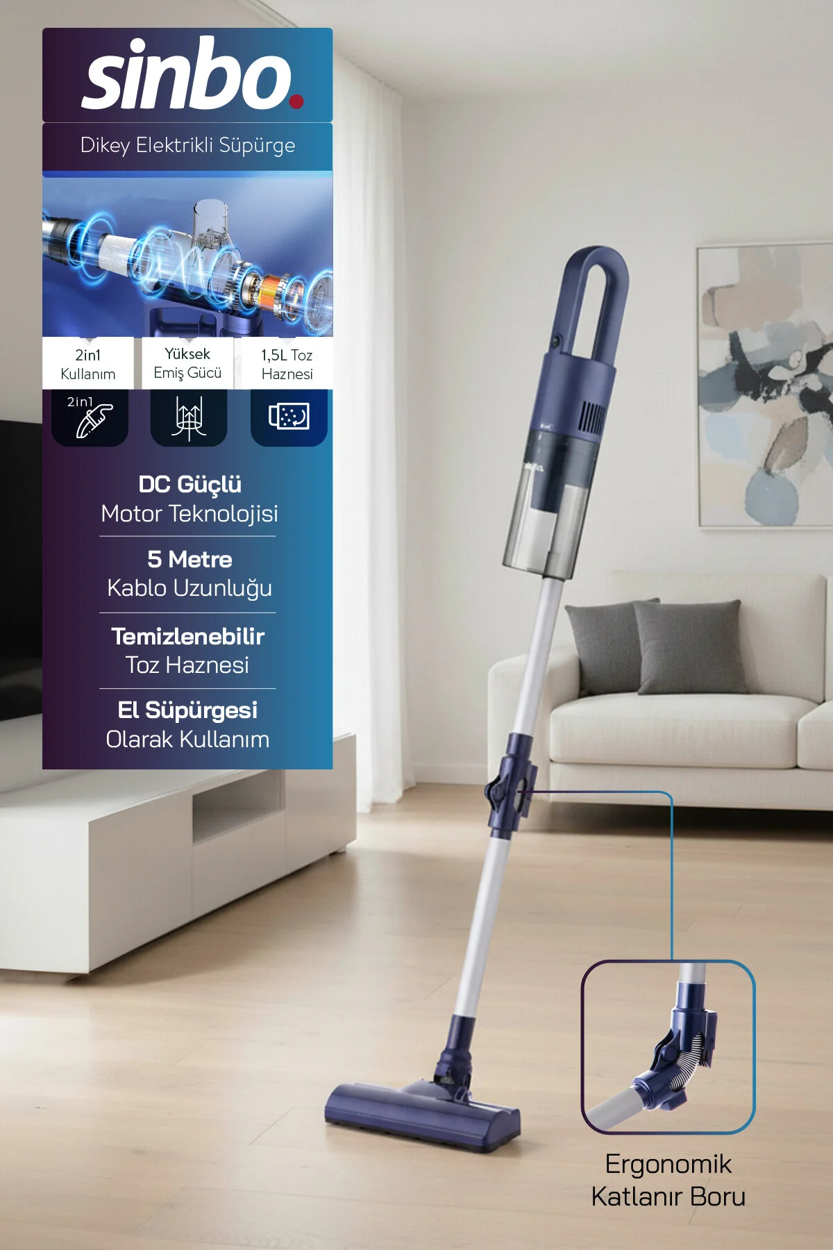 ozbience Dikey Elektrikli Süpürge 2’li Set, 1.5L Toz Hazneli