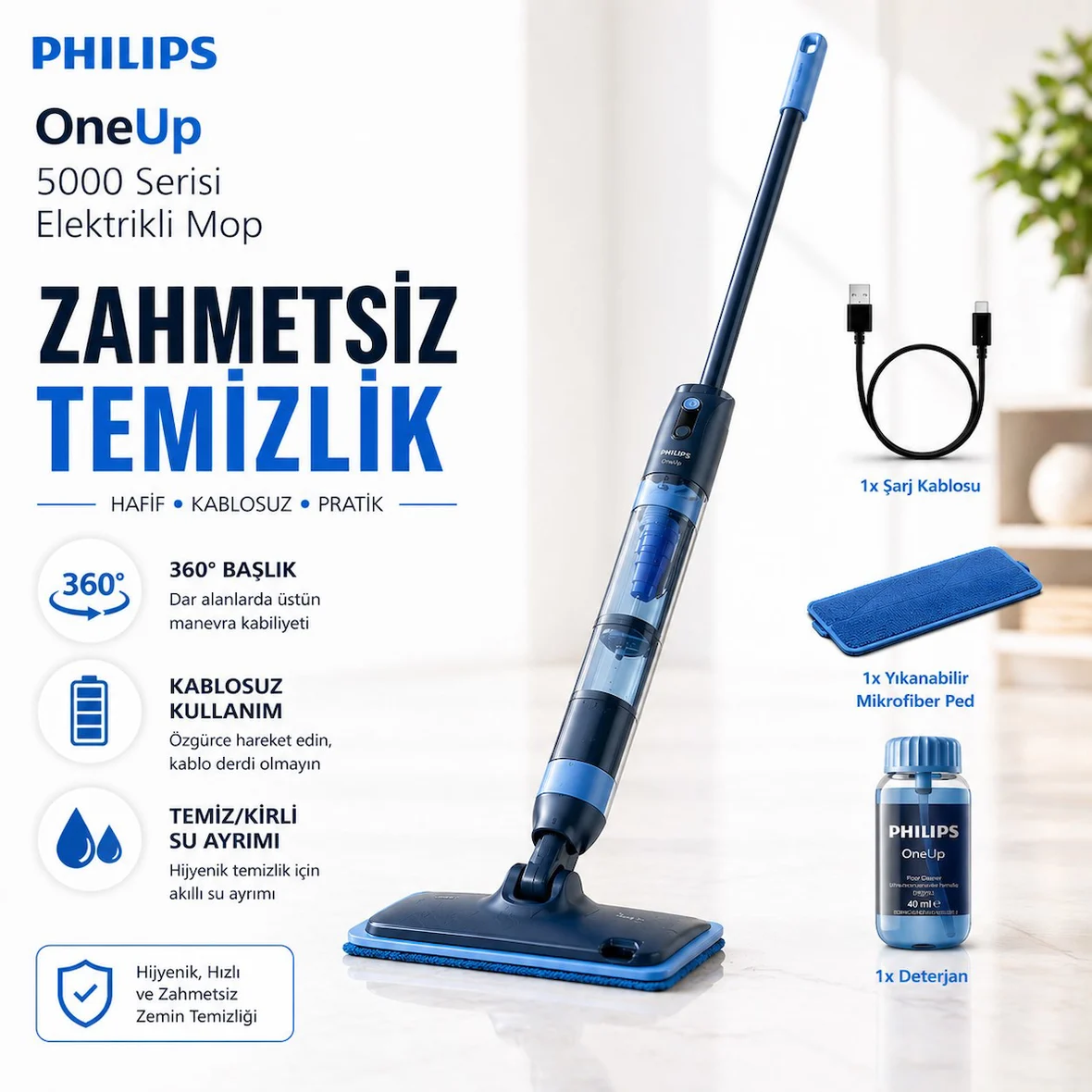 Philips 70 Dk Kablosuz Kullanım Sunan Akıllı Elektrikli Mop Temiz