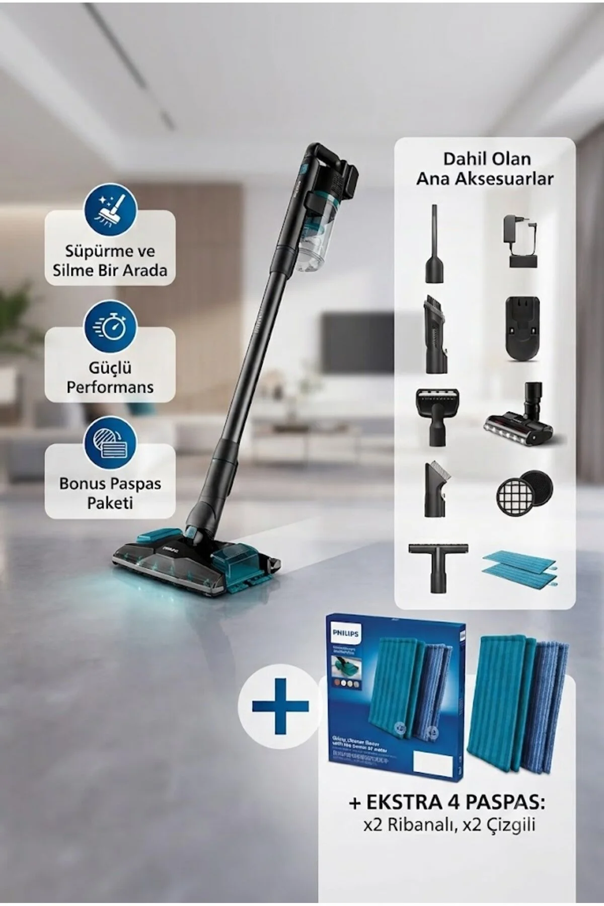 Philips Aqua Plus 8000 Serisi Tek Seferde Silme ve Süpürme Dikey Süpürge