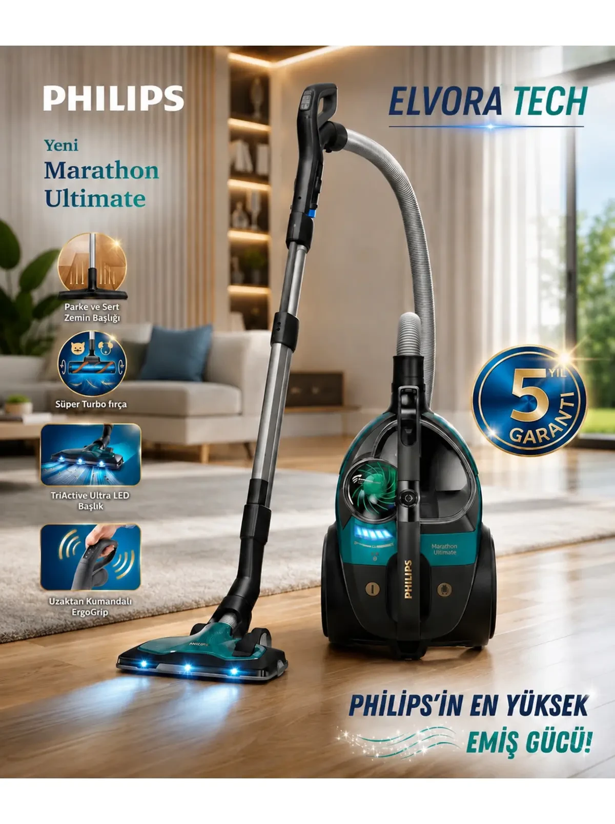 Philips ELVT LED Işıklı Başlık Toz Torbasız Triactive Ultra LED Başlık