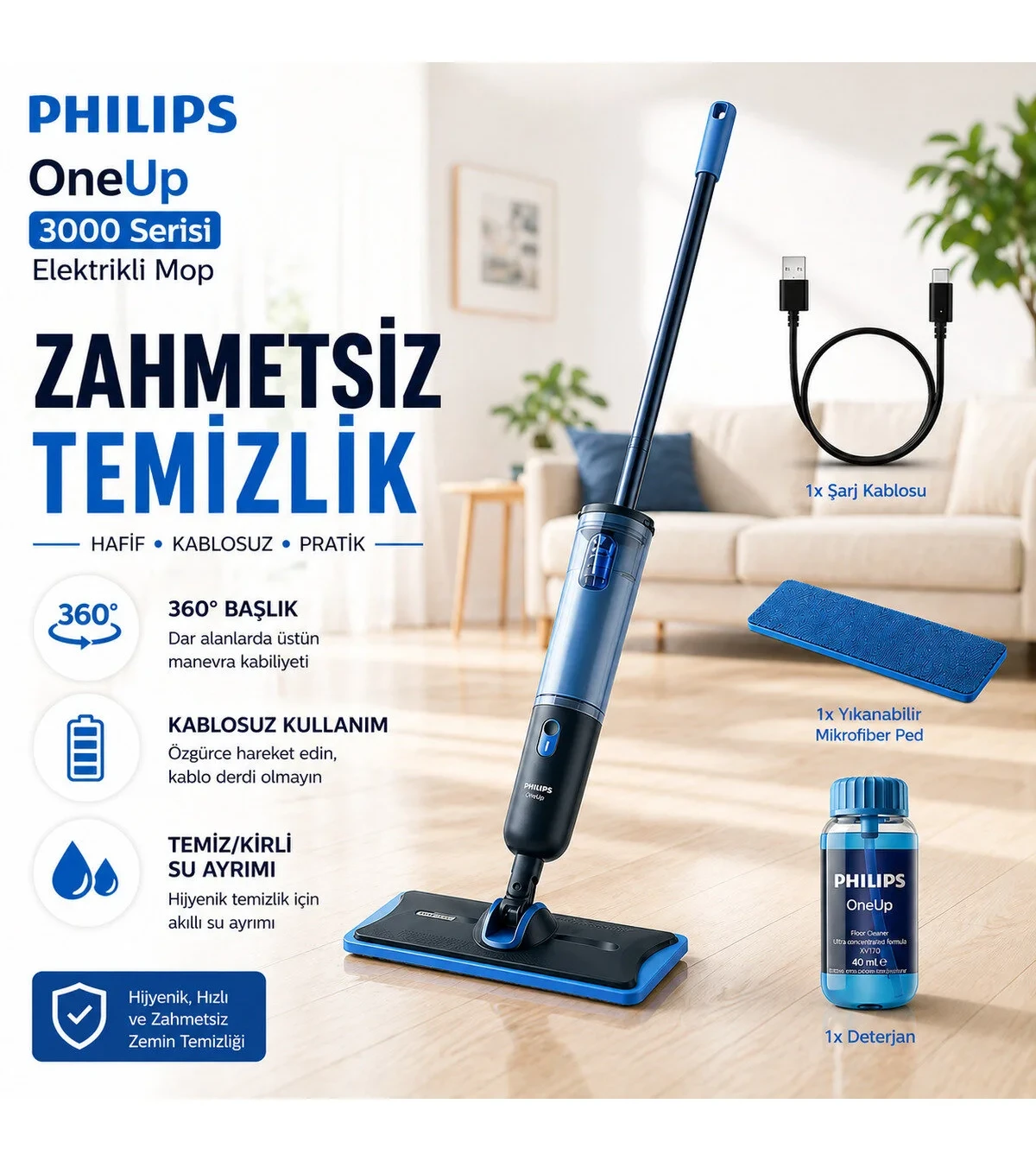 Philips Kablosuz Elektrikli Mop Şarjlı Paspas Temiz Kirli Su Hazneli