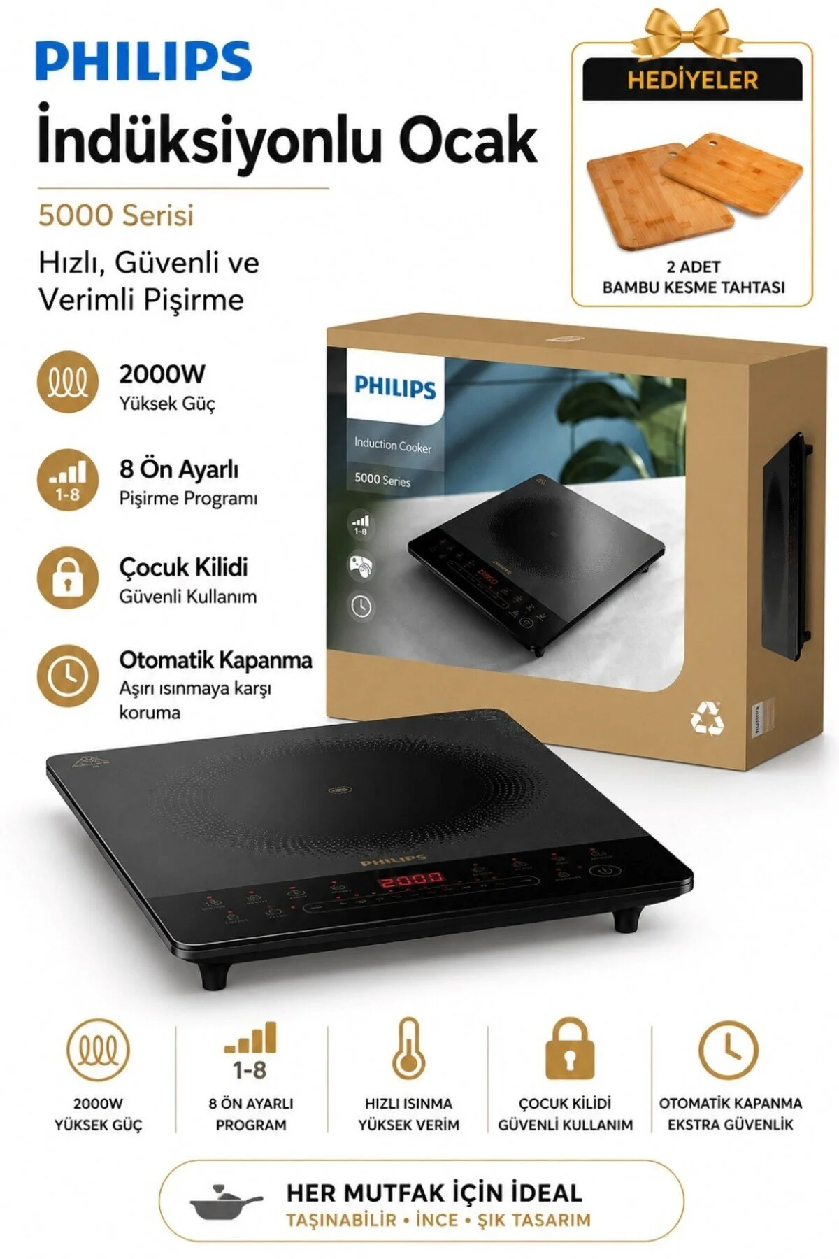 Philips Taşınabilir 8 Ön Ayarlı 10 Isı Seviyeli Otomatik Kapanmalı Ocak