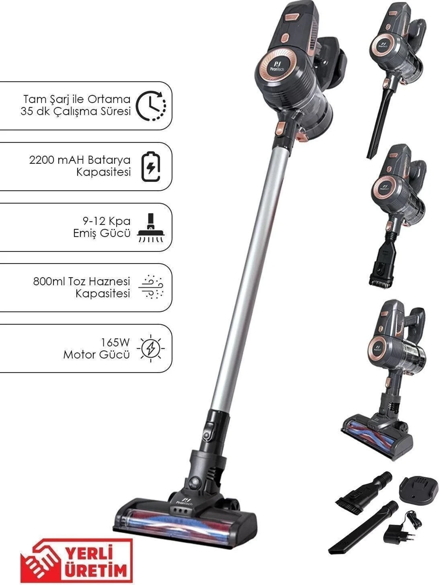 Pirantech ES92 Şarjlı Dikey Kablosuz LED Aydınlatmalı Süpürge