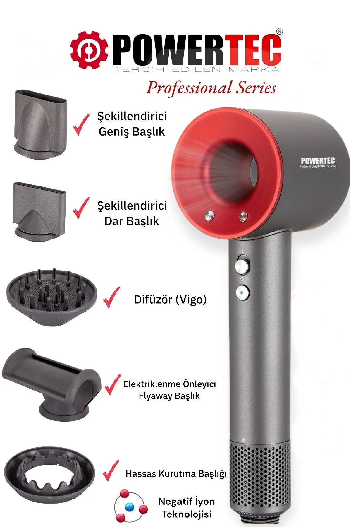 Powertec TR-3333 İyonizerli 5 Fonksiyon Plazma Saç Kurutma & Fön