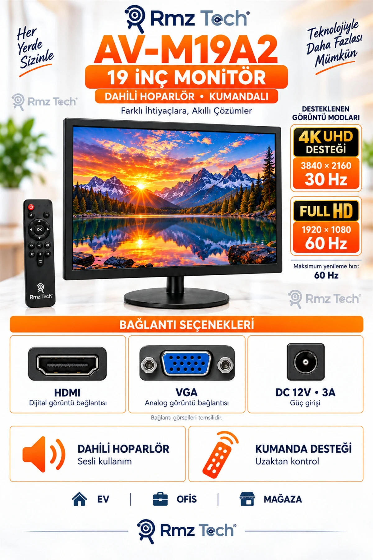 RMZTECH Avenir AV-M19A2 19 İnç Monitör 4K 30Hz Destekli Full HD 60Hz