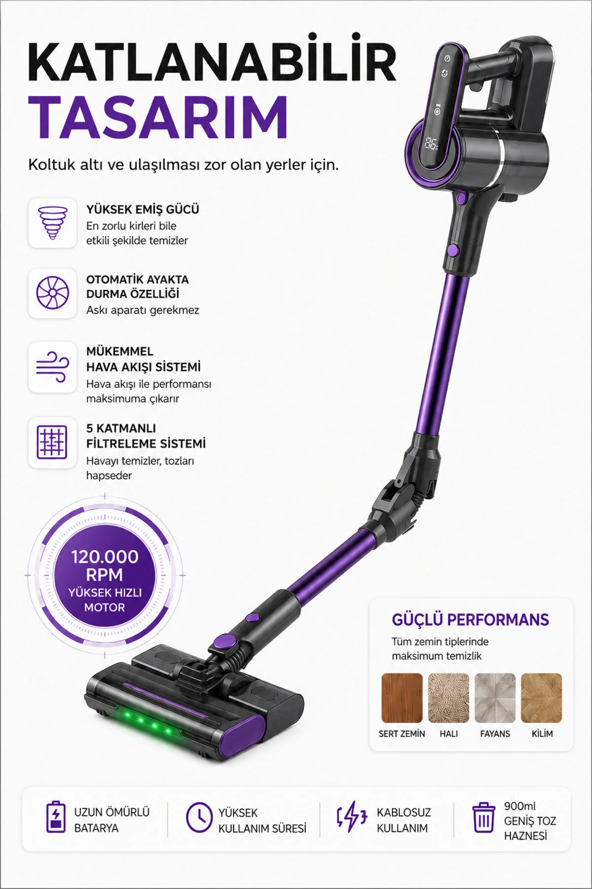 ROBO Katlanır Şarjlı Dikey Süpürge Islak Mop Başlıklı