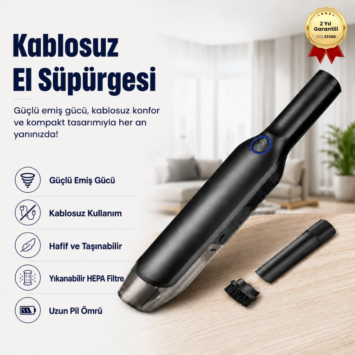 Rooty 12.000Pa Güçlü Vakum 80W Portatif Taşınabilir Şarjlı Mini Araç