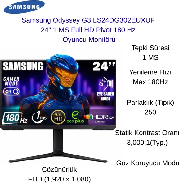 Samsung Odyssey G3 G30D 24″ 180Hz 1ms Va Pivot Gaming Monitör