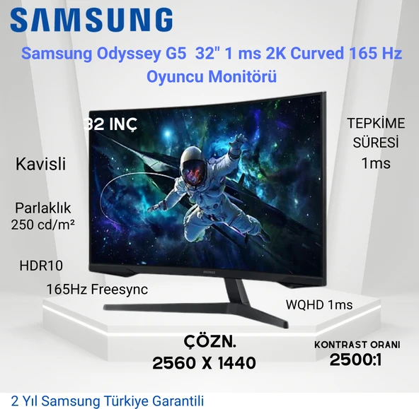 Samsung Odyssey G5 32″ 1 Ms 2k Curved 165 Hz Oyuncu Monitörü + Oyuncu