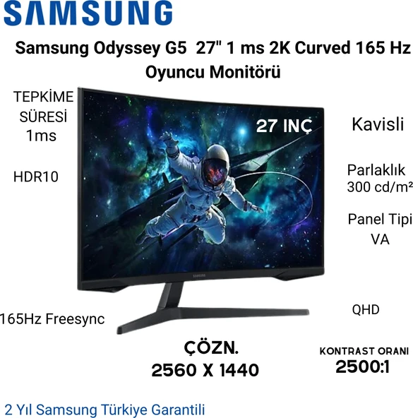 Samsung Odyssey G5 G55C 27 ” 1 Ms 2k Curved 165 Hz Oyuncu Monitörü