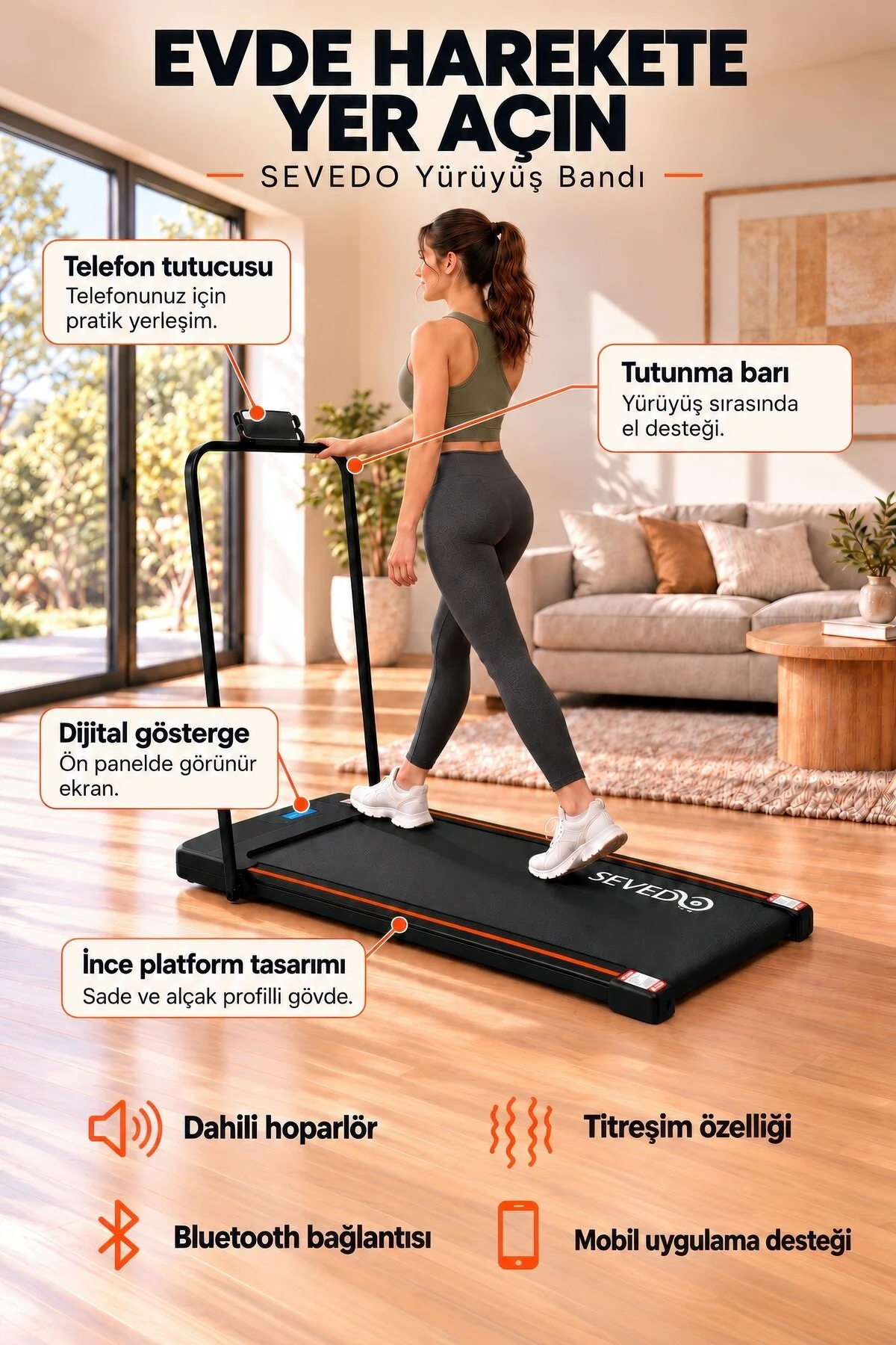 Sevedo Titreşimli Yürüyüş ve Koşu Bandı 2 HP Motor 120 KG Taşıma