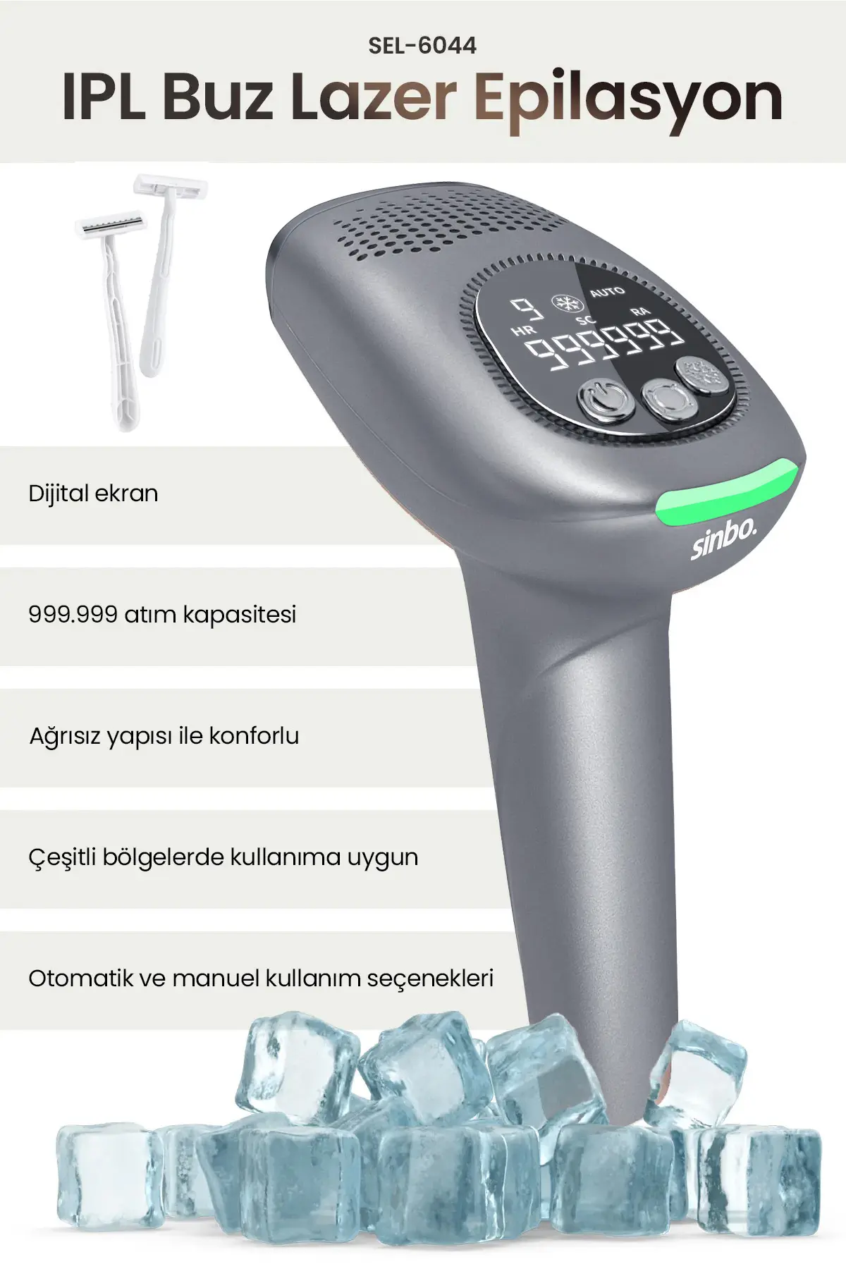 Sinbo SEL-6044 IPL Buz Lazer Epilasyon 999.999 Atım Otomatik/Manuel