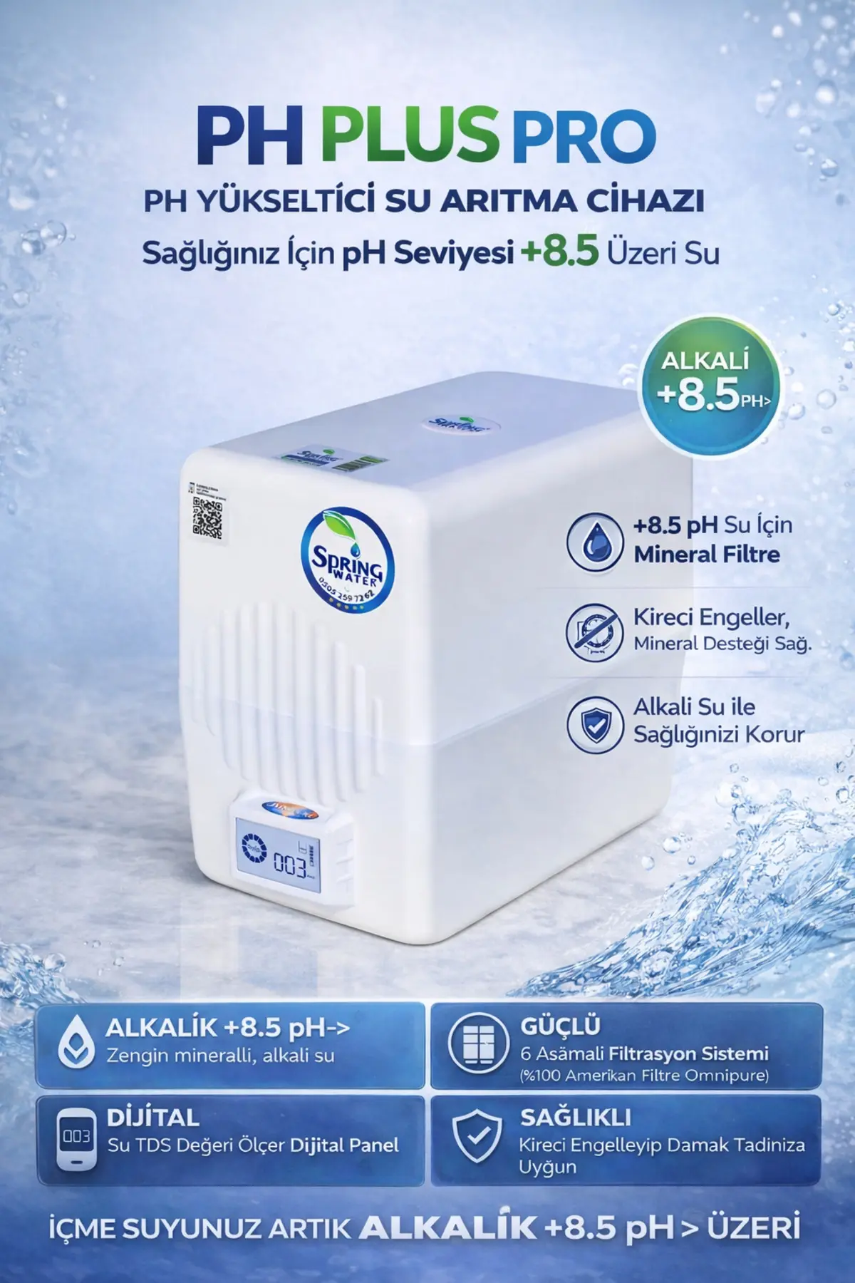 Spring Water Ph Plus Pro 12 Litre Tanklı Pompalı Alkali Su Su Arıtma Cihazı