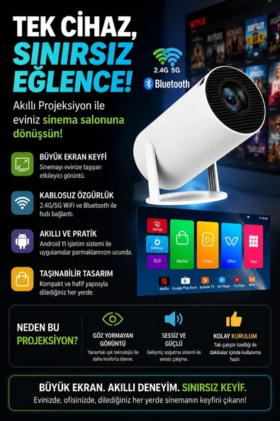 Taşınabilir Sinema Projektörü Ev Sineması Bluetooth Android 11 Projeksiyon