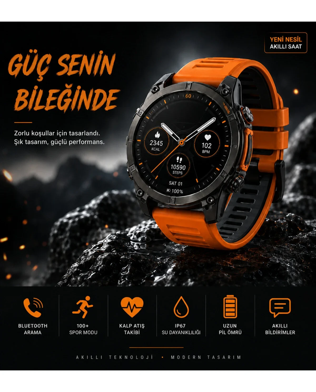 TeknolojiSA Akıllı Saat Bluetooth Arama 100+ Spor Modu Nabız Takibi