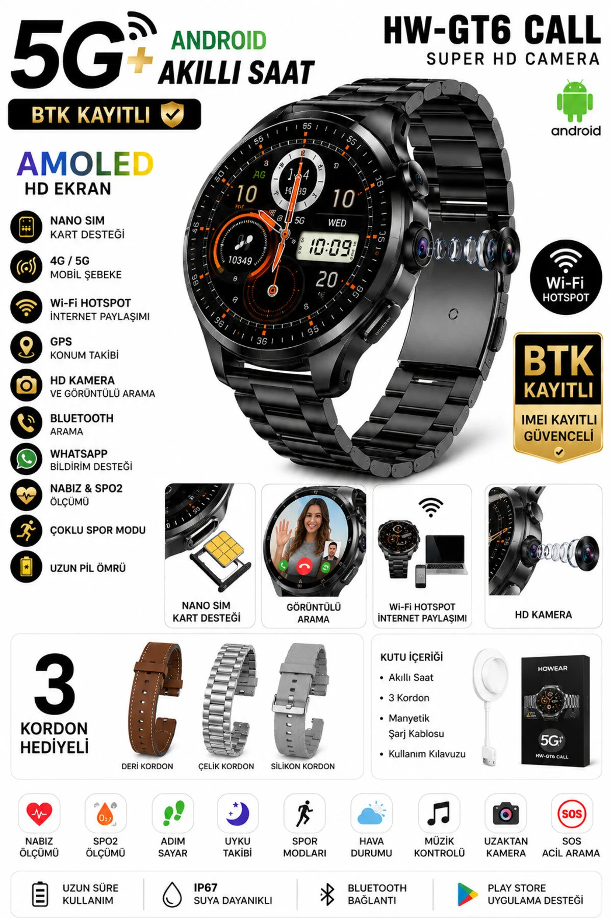 thmz HWGT6 cal BTK Kayıtlı 5G Android Akıllı Saat AMOLED Ekran Kamera