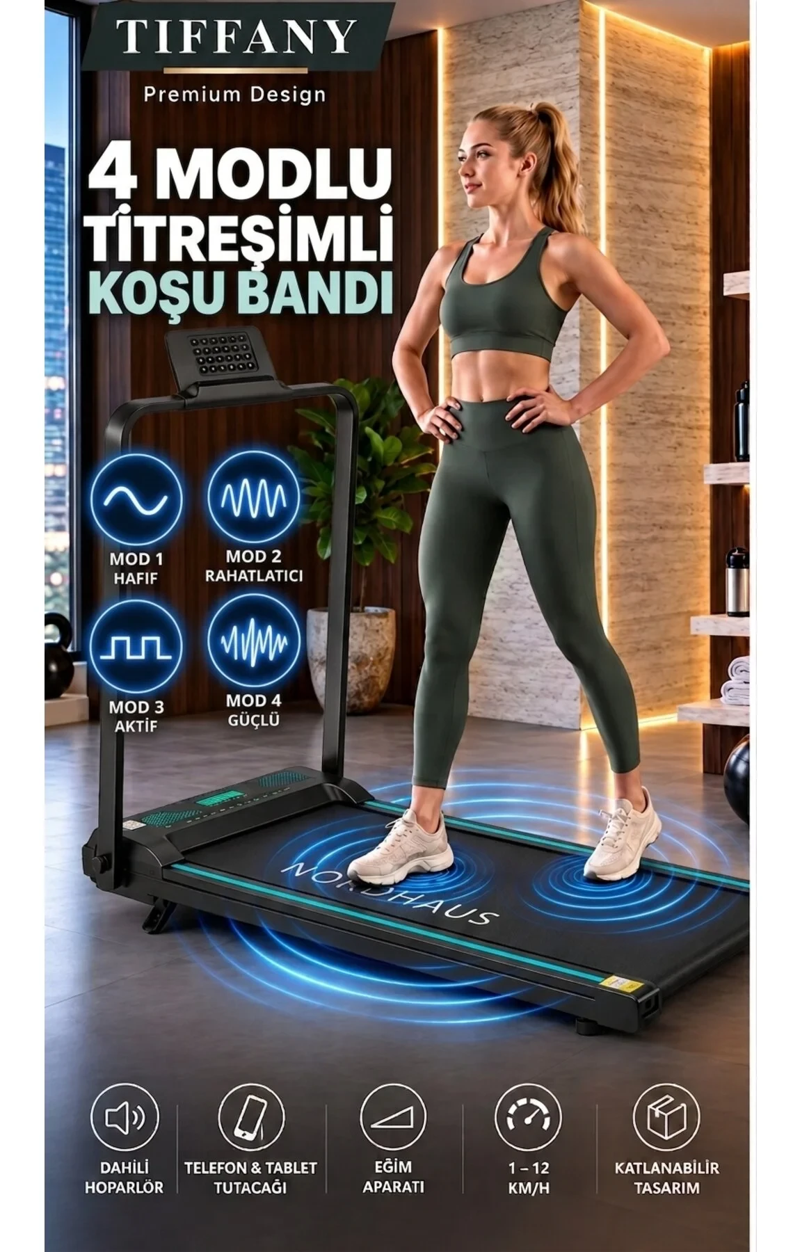 Tiffany 2 in 1 Titreşim Modlu 2 HP Koşu Bandı / Yürüme Bandı Bluetooth