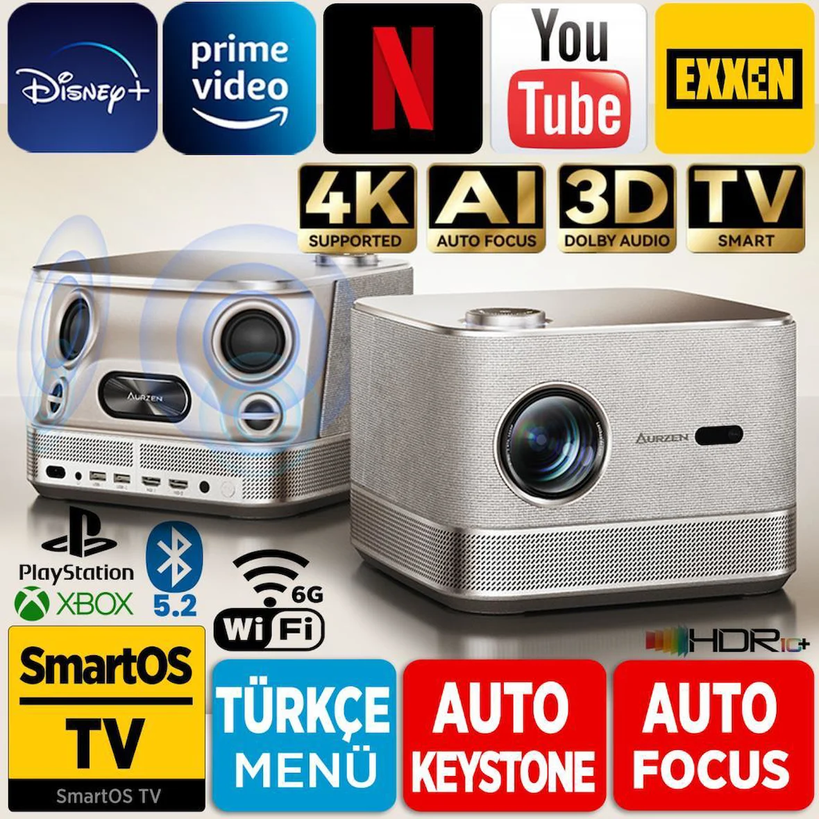 Vankyo Aurzen Boom 3 4K Android TV Projeksiyon Cihazı +Auto Focus+Auto