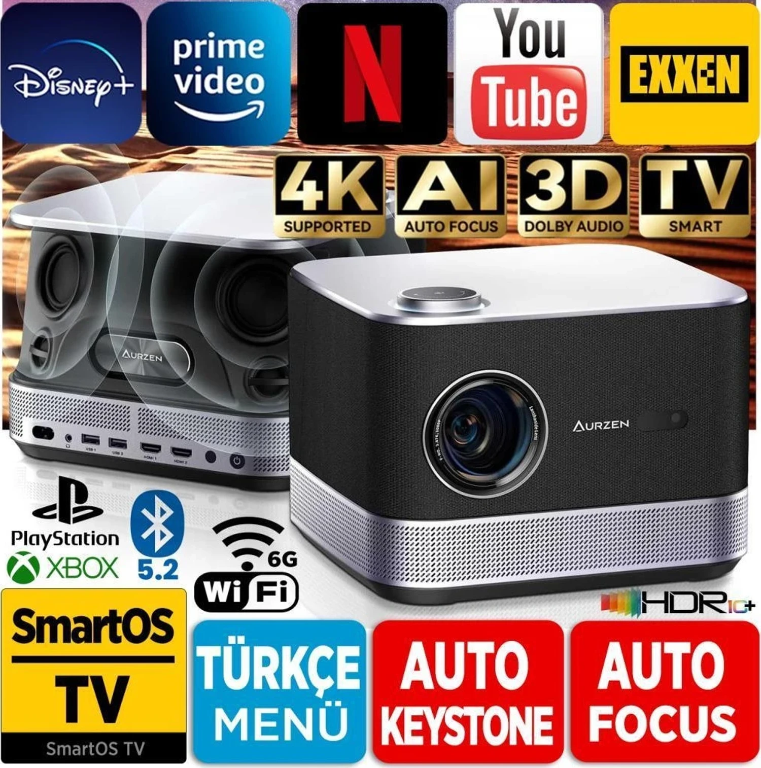 Vankyo Aurzen Boom 3 4K Android TV Projeksiyon Cihazı+Auto Focus+Auto