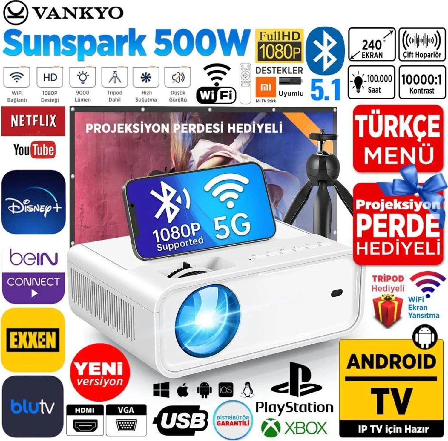 Vankyo Sunspark 500W Android TV 1080P Destekli Projeksiyon Cihazı 5G