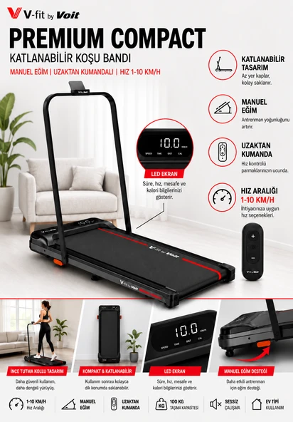 Voit Premium Compact Katlanabilir Koşu Bandı – Manuel Eğimli / Uzaktan Kumandalı