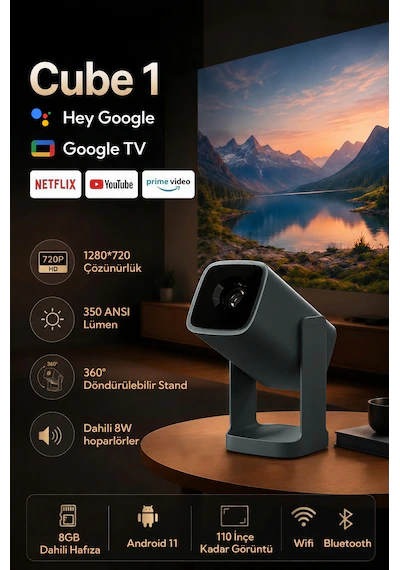 Wanbo Cube1 Projeksiyon Cihazı-Dahili Android TV 11.0 Widevine L1
