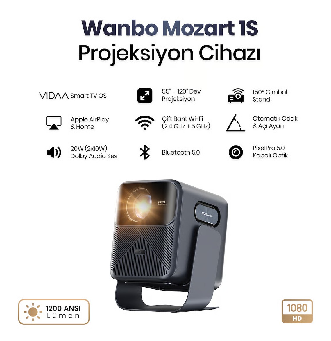 Wanbo Mozart 1S 1200 ANSI VIDAA Voice Full HD Akıllı Projeksiyon