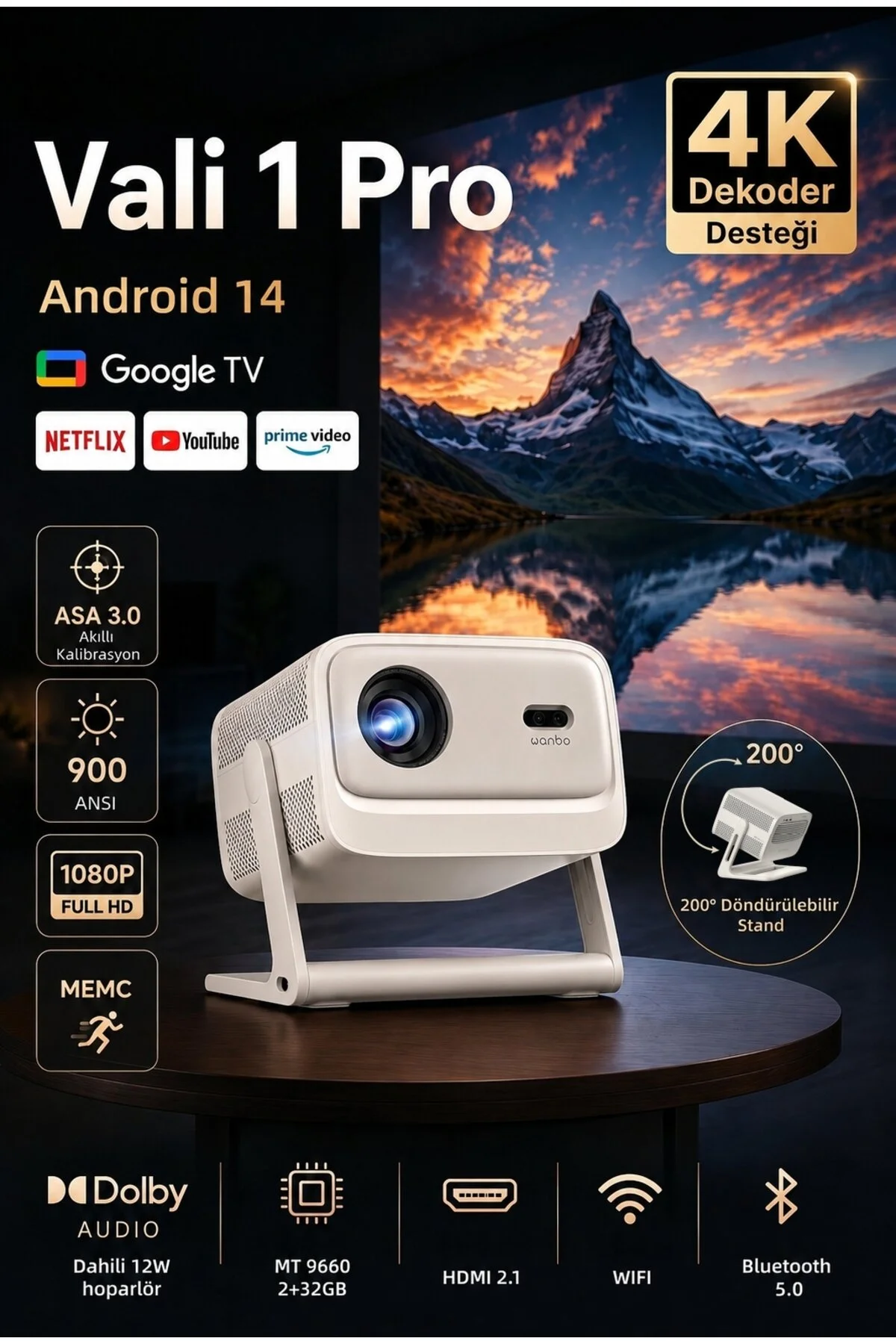 wanbo Vali 1 Pro. WiFi ve Bluetooth Destekli Google TV 4K Akıllı Projeksiyon