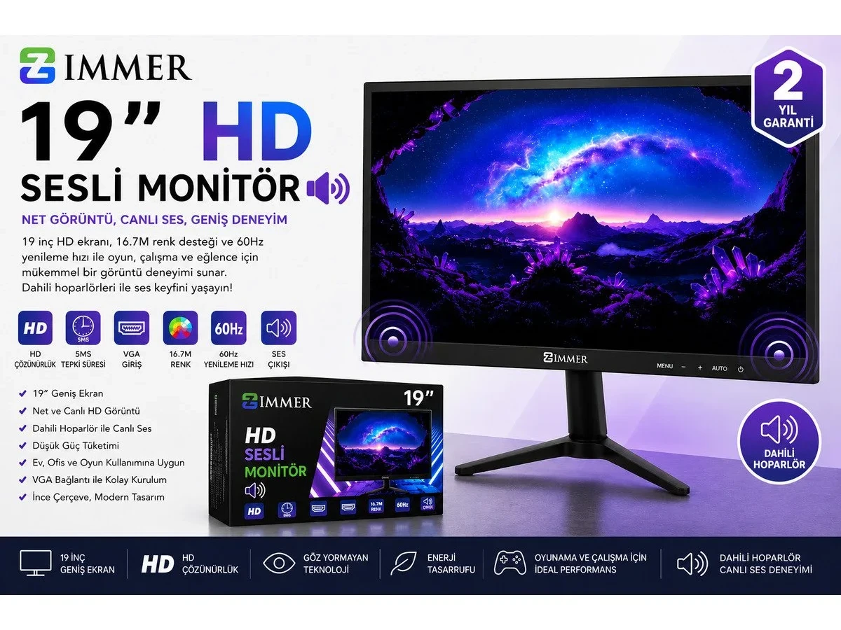 Zimmer 19 İnç HD Ready LED Bilgisayar Monitörü – 60Hz 5ms VGA Girişli